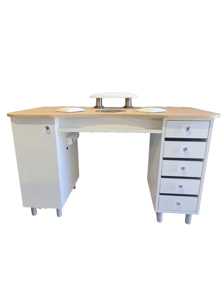 fehér műkörmös asztal elszívóval és könyöktámasszal