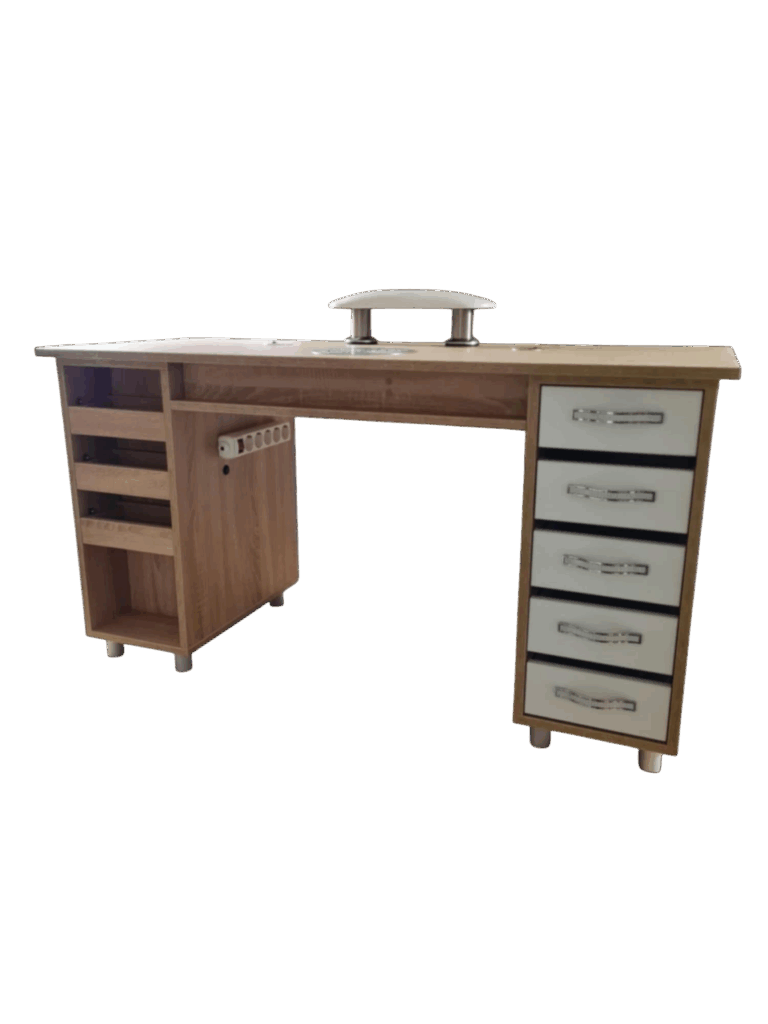 barna műkörmös asztal elszívóval és könyöktámasszal